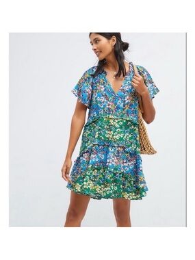 Anthropologie Bright Teal Floral-Trim Blouse